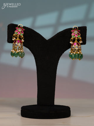 Jadau screw type jhumka with kemp jadau kundan stones in mint green beads hangings