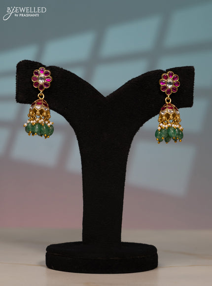 Jadau screw type jhumka with pink jadau kundan stones in pearl & mint green beads hangings