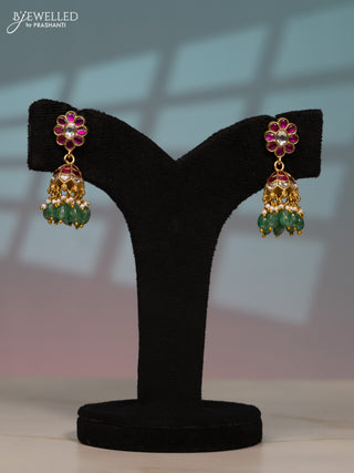 Jadau screw type jhumka with pink jadau kundan stones in pearl & mint green beads hangings