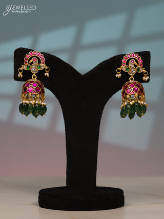 Jadau screw type jhumka peacock design with kemp jadau kundan stones in green beads hangings