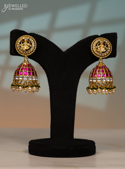 Jadau screw type jhumka lakshmi design with pink jadau kundan stones in pearl hangings