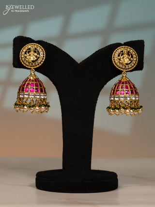 Jadau screw type jhumka lakshmi design with pink jadau kundan stones in pearl hangings