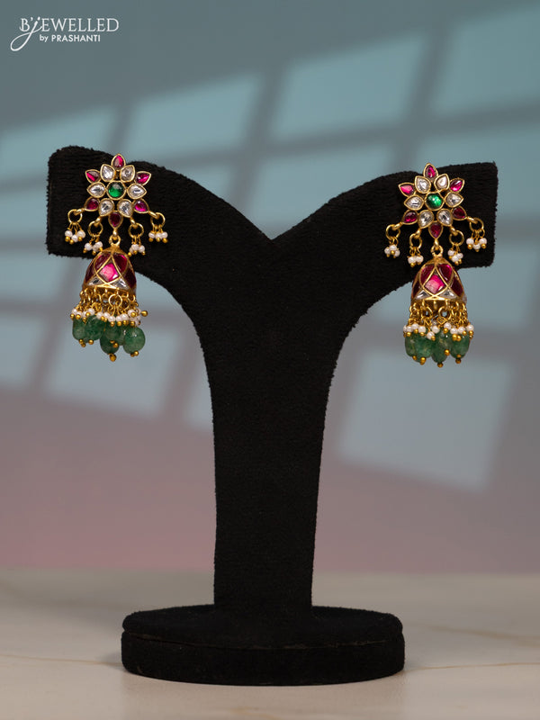 Jadau screw type jhumka with kemp jadau kundan stones in mint green beads hangings