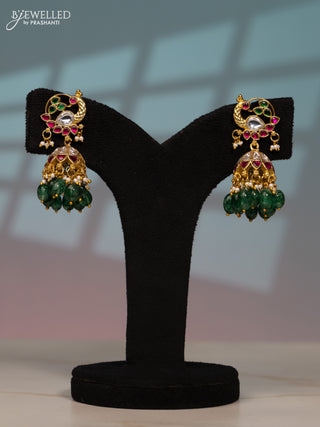 Jadau screw type jhumka peacock design with kemp jadau kundan stones in green beads hangings