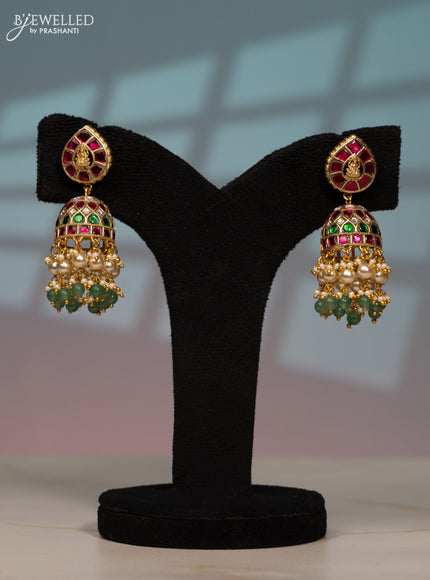 Jadau screw type jhumka lakshmi design with kemp jadau kundan stones in pearl & mint green beads hangings