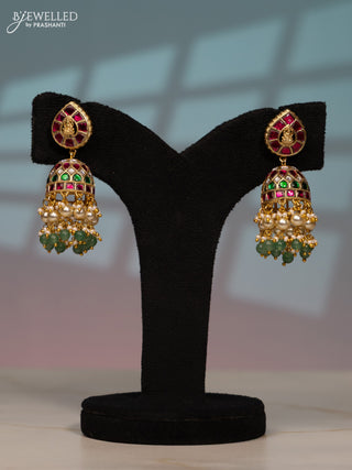 Jadau screw type jhumka lakshmi design with kemp jadau kundan stones in pearl & mint green beads hangings