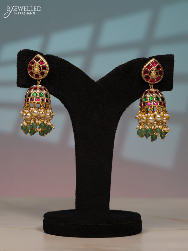 Jadau screw type jhumka lakshmi design with kemp jadau kundan stones in pearl & mint green beads hangings
