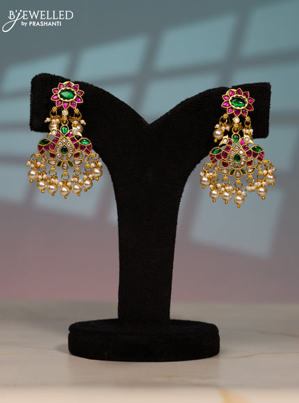 Jadau screw type earring peacock design with kemp jadau kundan stones in pearl hangings