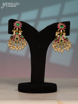 Jadau screw type earring peacock design with kemp jadau kundan stones in pearl hangings