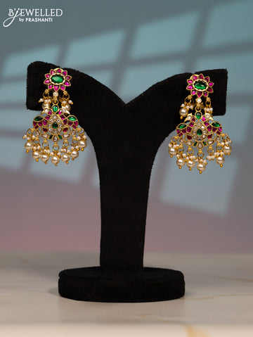 Jadau screw type earring peacock design with kemp jadau kundan stones in pearl hangings