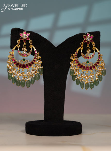 Jadau screw type earring chandbali design with kemp jadau kundan stones in pearl & mint green beads hangings