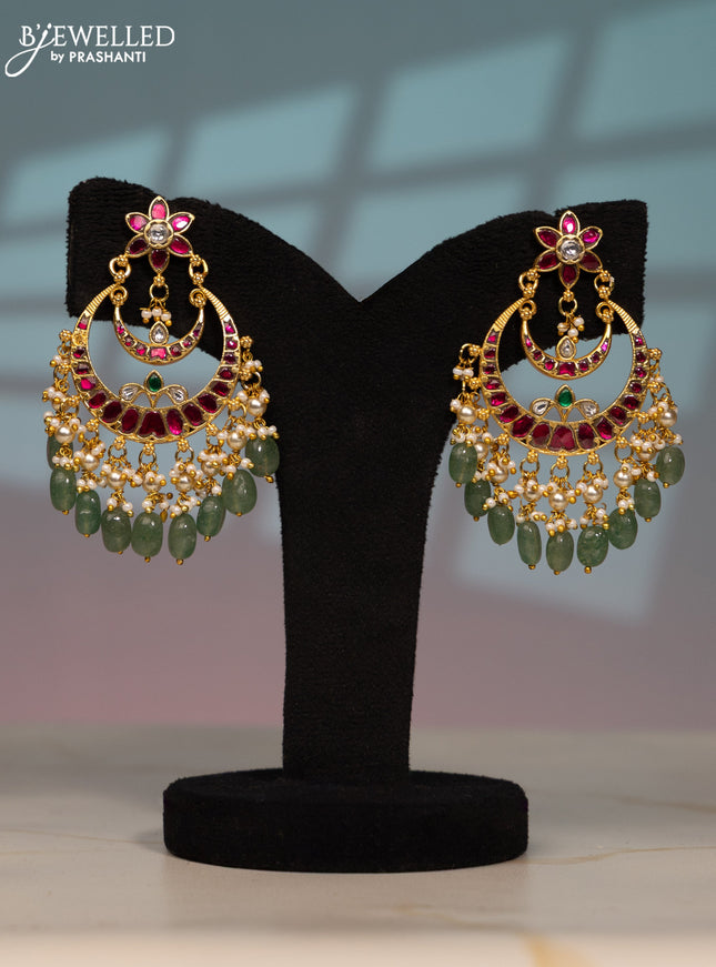 Jadau screw type earring chandbali design with kemp jadau kundan stones in pearl & mint green beads hangings