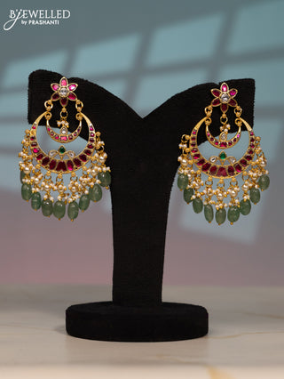Jadau screw type earring chandbali design with kemp jadau kundan stones in pearl & mint green beads hangings