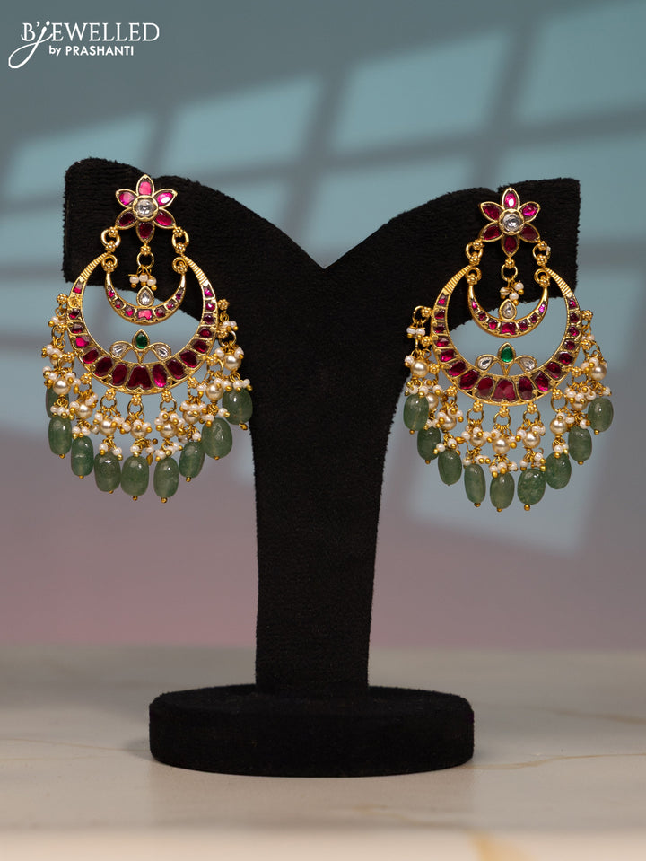 Jadau screw type earring chandbali design with kemp jadau kundan stones in pearl & mint green beads hangings