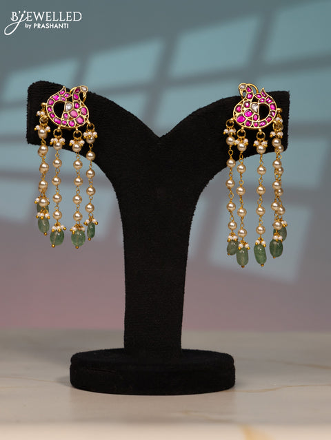 Jadau screw type earring peacock design with kemp jadau kundan stones in pearl & mint green beads hangings