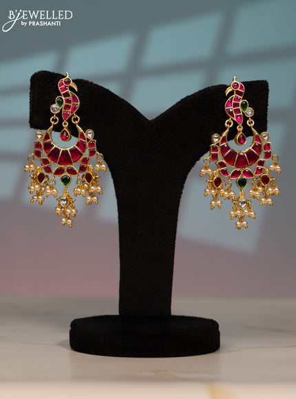 Jadau earring peacock design with kemp jadau kundan stones in pearl hangings