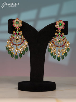 Jadau screw type earring peacock design with kemp jadau kundan stones in pearl & mint green beads hangings