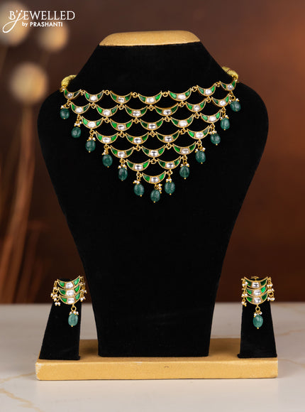 Jadau necklace moon design with green jadau kundan stones in green beads hangings