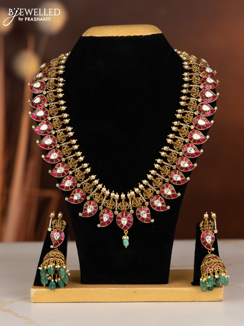 Jadau necklace lakshmi & manga pattern with pink jadau kundan stones in hangings