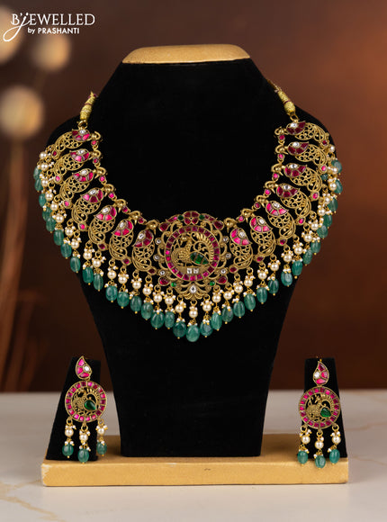 Jadau necklace peacock design with kemp jadau kundan stones in pearl & mint green beads hangings