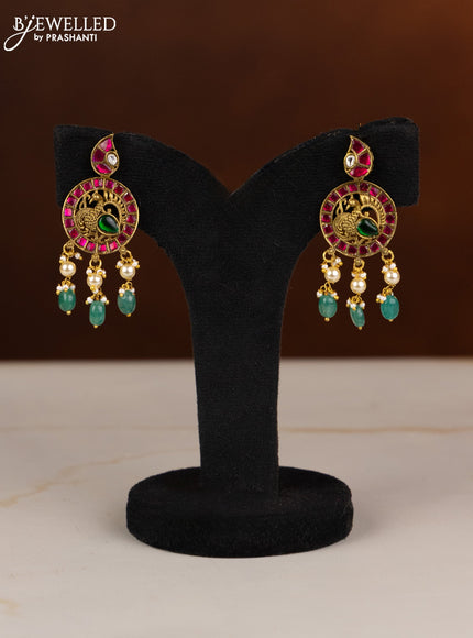 Jadau necklace peacock design with kemp jadau kundan stones in pearl & mint green beads hangings