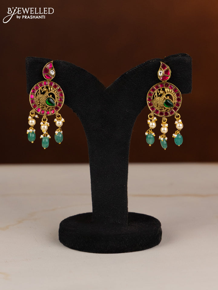 Jadau necklace peacock design with kemp jadau kundan stones in pearl & mint green beads hangings