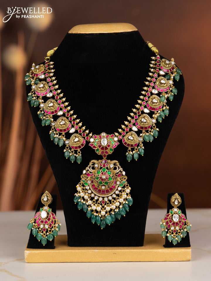 Jadau necklace moon & manga design with kemp jadau kundan stones in pearl & green beads hangings