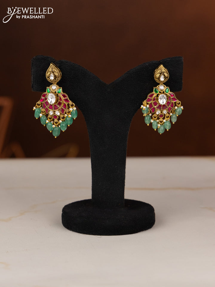 Jadau necklace moon & manga design with kemp jadau kundan stones in pearl & green beads hangings