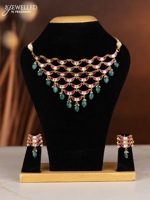 Jadau necklace moon design with pink jadau kundan stones in green beads hangings