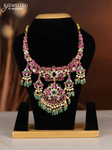 Jadau necklace with kemp jadau kundan stones in pearl & mint green beads hangings