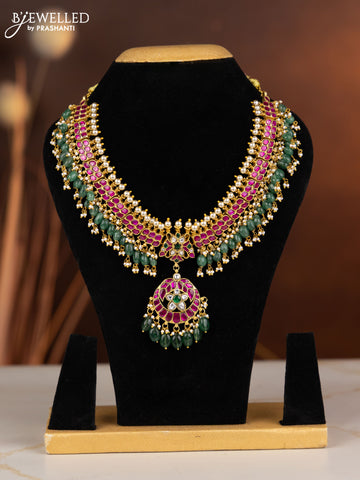 Jadau necklace with kemp jadau kundan stones in green beads hangings without earrings