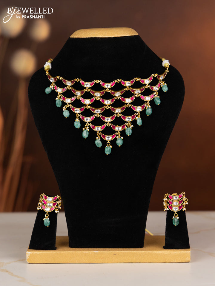 Jadau necklace moon design with pink jadau kundan stones in mint green beads hangings