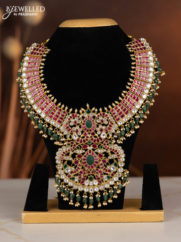 Jadau necklace with kemp jadau kundan stones in green beads hangings without earrings