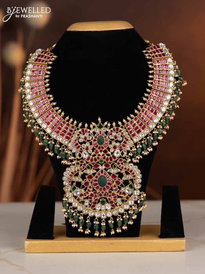 Jadau necklace with kemp jadau kundan stones in green beads hangings without earrings