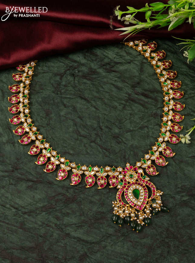 Jadau haaram manga pattern with kemp jadau kundan stones in pearl & green beads hangings without earrings