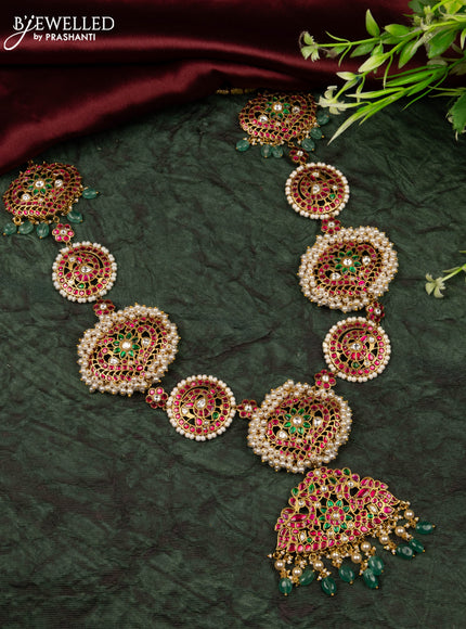 Jadau haaram peacock design with kemp jadau kundan stones in pearl & mint green beads hangings without earrings