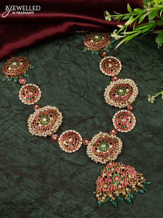 Jadau haaram peacock design with kemp jadau kundan stones in pearl & mint green beads hangings without earrings