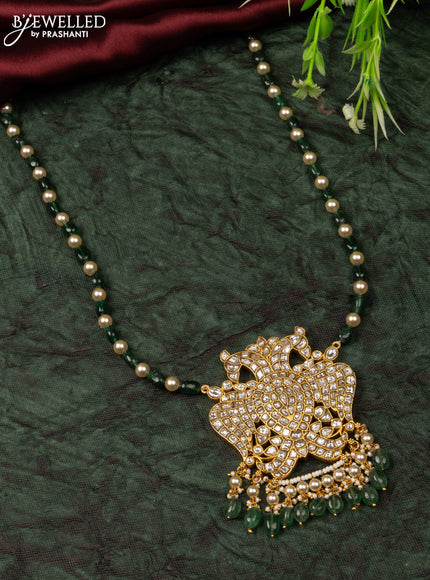 Jadau beaded haaram double peacock reversible pendant with kemp jadau kundan stones in pearl & green beads hangings without earrings