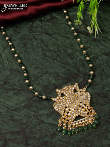 Jadau beaded haaram double peacock reversible pendant with kemp jadau kundan stones in pearl & green beads hangings without earrings