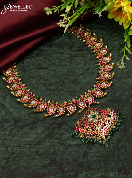 Jadau reversible haaram manga pattern with kemp jadau kundan stones in green beads hangings without earrings