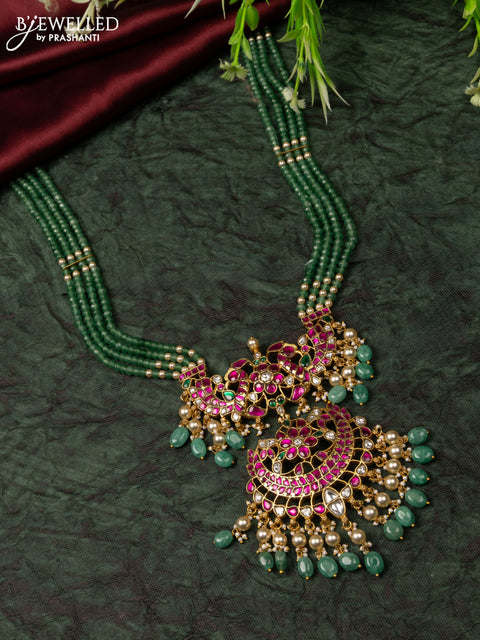 Jadau beaded haaram peacock design with kemp jadau kundan stones in pearl & mint green beads hangings without earrings