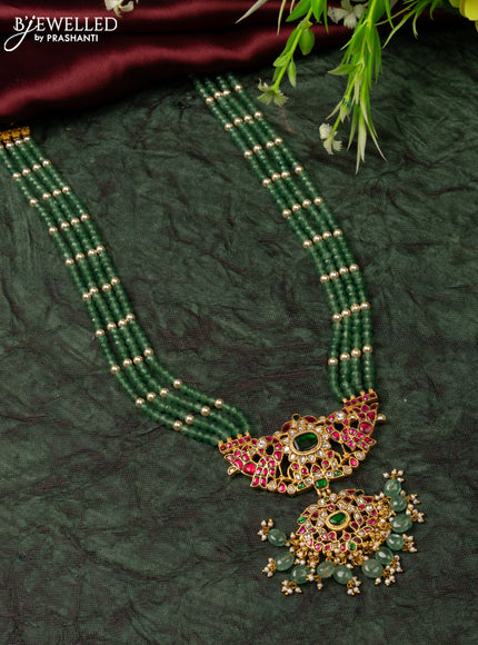 Jadau beaded haaram with kemp jadau kundan stones in mint green beads hangings without earrings