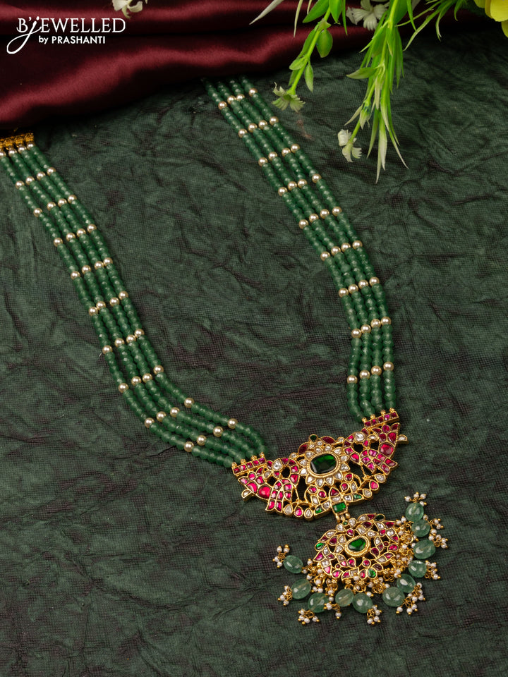 Jadau beaded haaram with kemp jadau kundan stones in mint green beads hangings without earrings