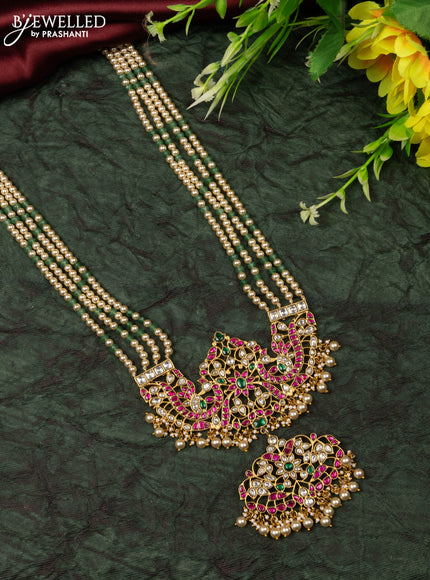 Jadau haaram peacock design with kemp jadau kundan stones in pearl hangings without earrings