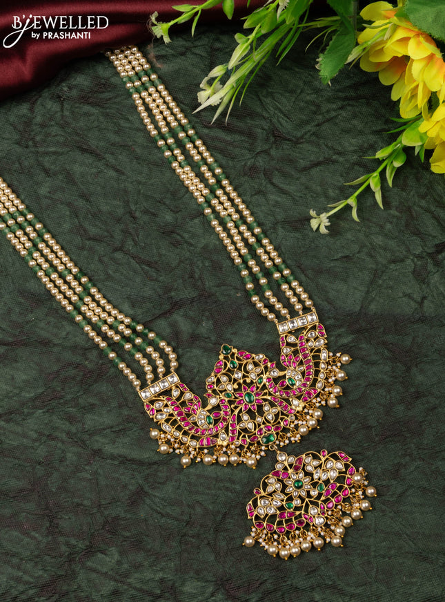 Jadau haaram peacock design with kemp jadau kundan stones in pearl hangings without earrings
