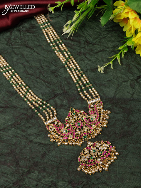 Jadau haaram peacock design with kemp jadau kundan stones in pearl hangings without earrings