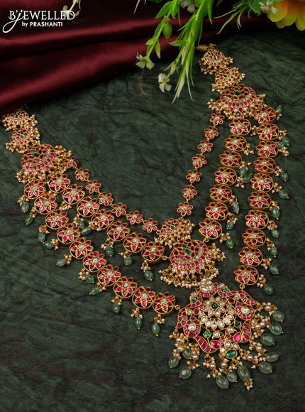 Jadau triple layer haaram floral design with kemp jadau kundan stones in pearl & mint green beads hangings without earrings