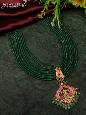 Jadau multilayer beaded haaram peacock design with kemp jadau kundan stones in mint green beads hangings