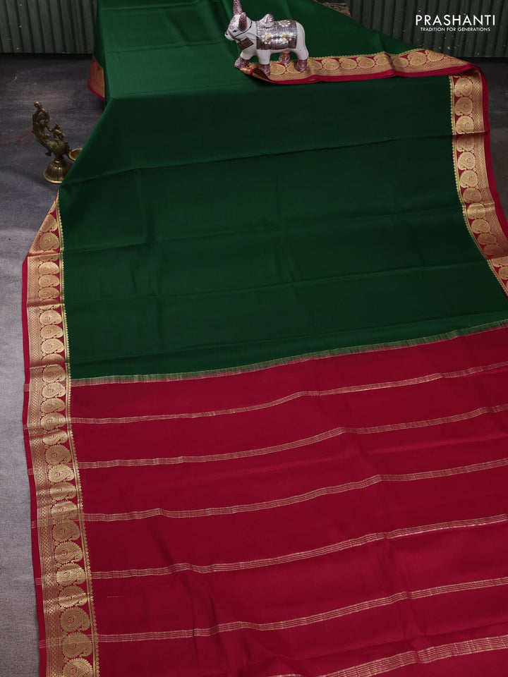 Bottle Green & Pink Pure Mysore Silk - Plain