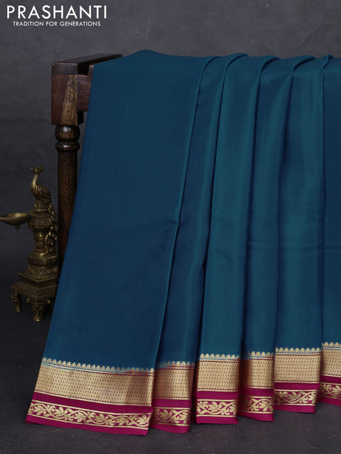 Peacock Blue & Magenta Pink Pure Mysore Silk - Plain